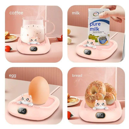 Pink cat-shaped food warmer heating coffee, milk, egg, and bread with digital display