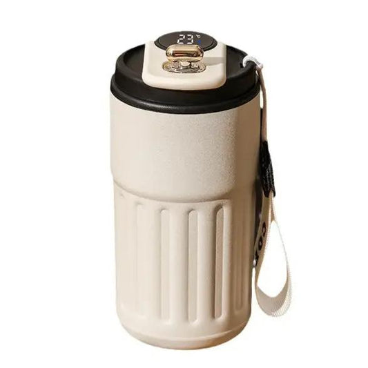 Beige insulated travel mug with digital temperature display and carrying strap