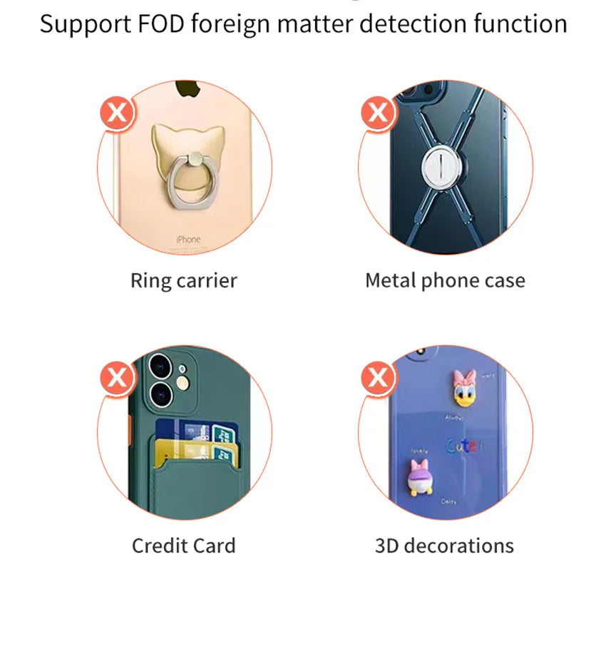 Image showing phone accessories not supported for FOD detection: ring carrier, metal phone case, credit card, and 3D decorations.