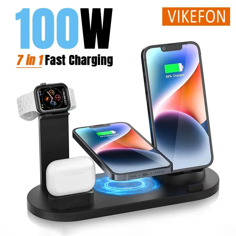 100W 7 In 1 Wireless Charger Stand For iPhone 16-12 Apple Watch 9/8/7/6 Airpods Pro2/1 Phone Chargers Fast Charging Dock Station