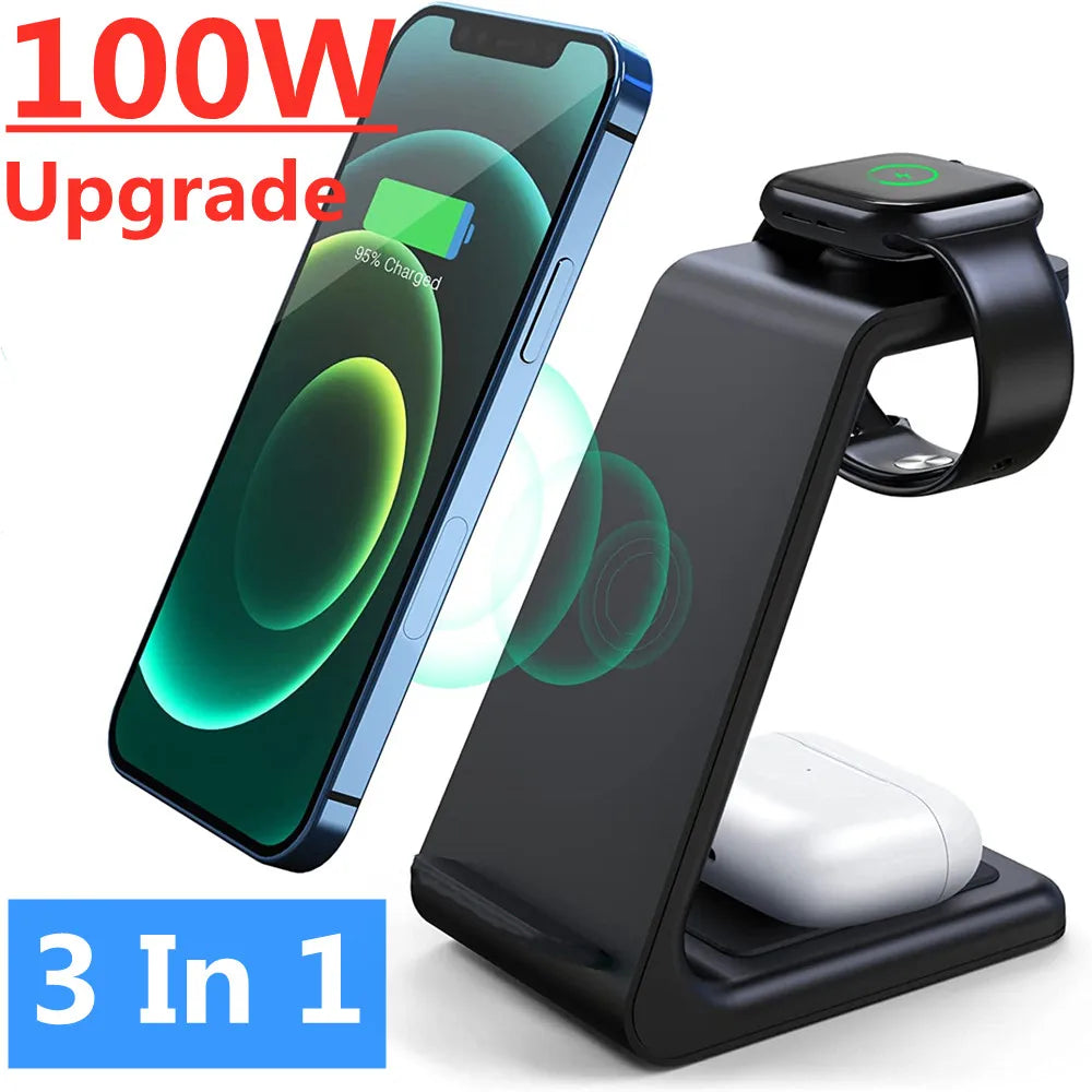 3 in 1 wireless charging station for phone, smartwatch, earbuds, 100W upgrade featured