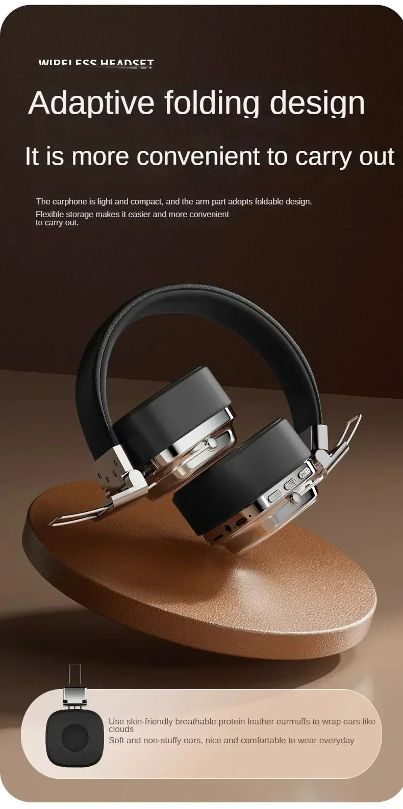 Wireless headset with adaptive folding design and protein leather earmuffs on display stand