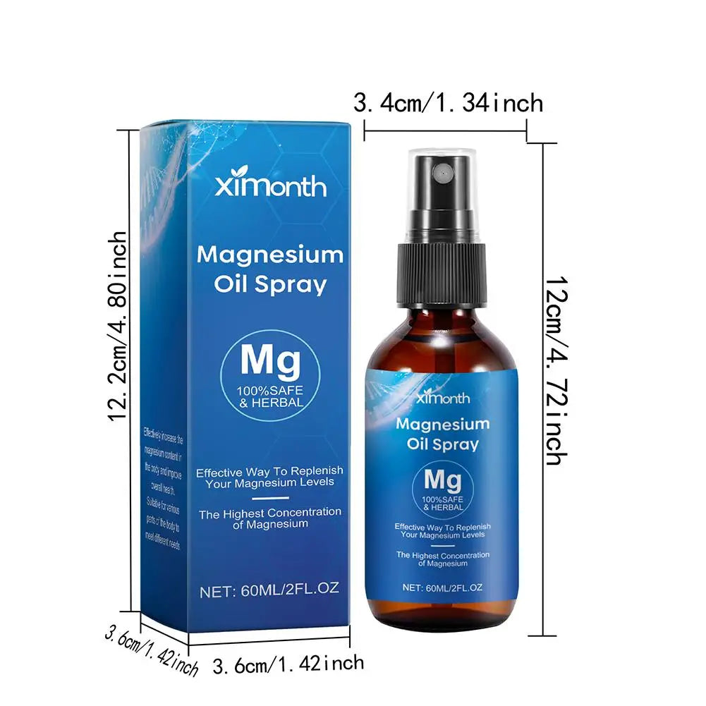 Ximonth Magnesium Oil Spray 60ml bottle and box with size dimensions in blue packaging