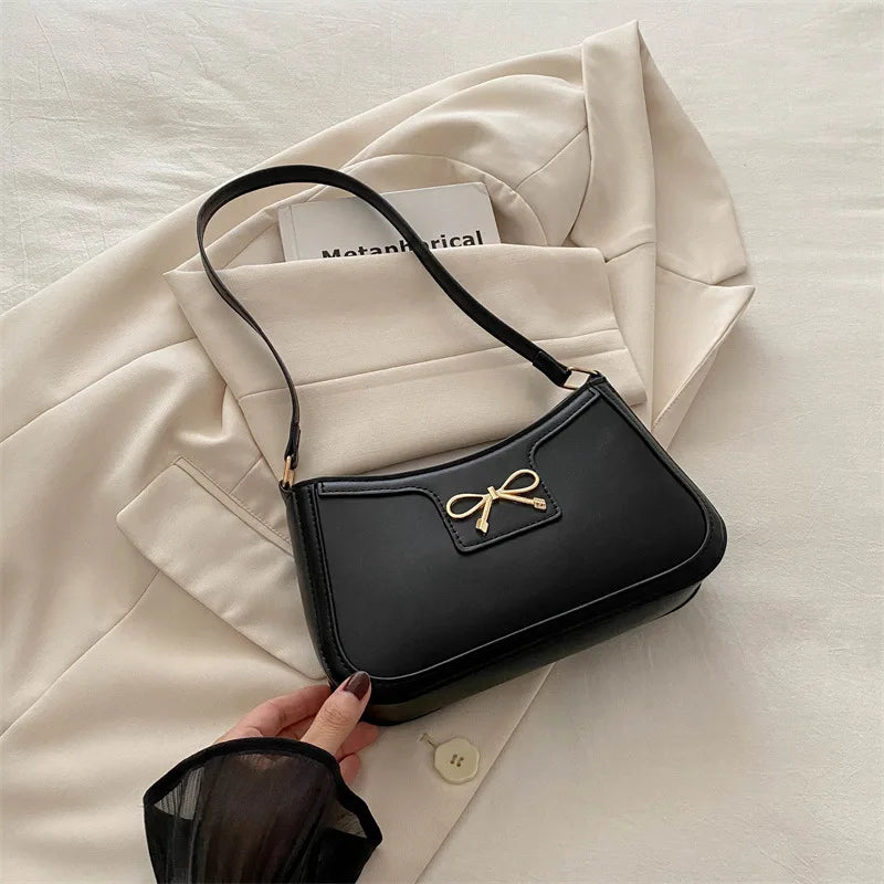 Stylish Shoulder Bag with Metal Bow Decoration, Versatile Underarm Bag, Classic Brown and Black Baguette Bag for Women Daily Use