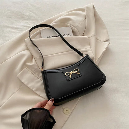 Stylish Shoulder Bag with Metal Bow Decoration, Versatile Underarm Bag, Classic Brown and Black Baguette Bag for Women Daily Use