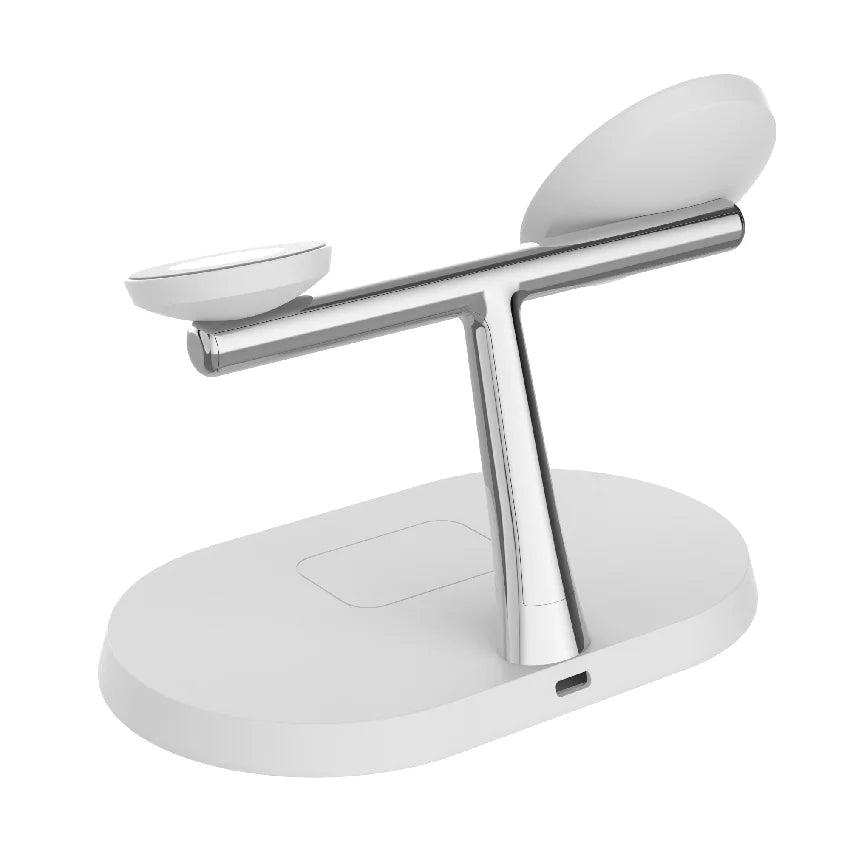 White and silver wireless charging station with USB-C port, modern minimalist design