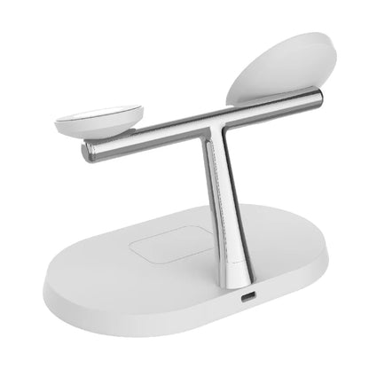 White and silver wireless charging station with USB-C port, modern minimalist design