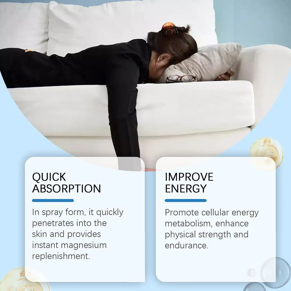 Tired woman lying face down on white sofa, magnesium spray benefits quick absorption and energy.