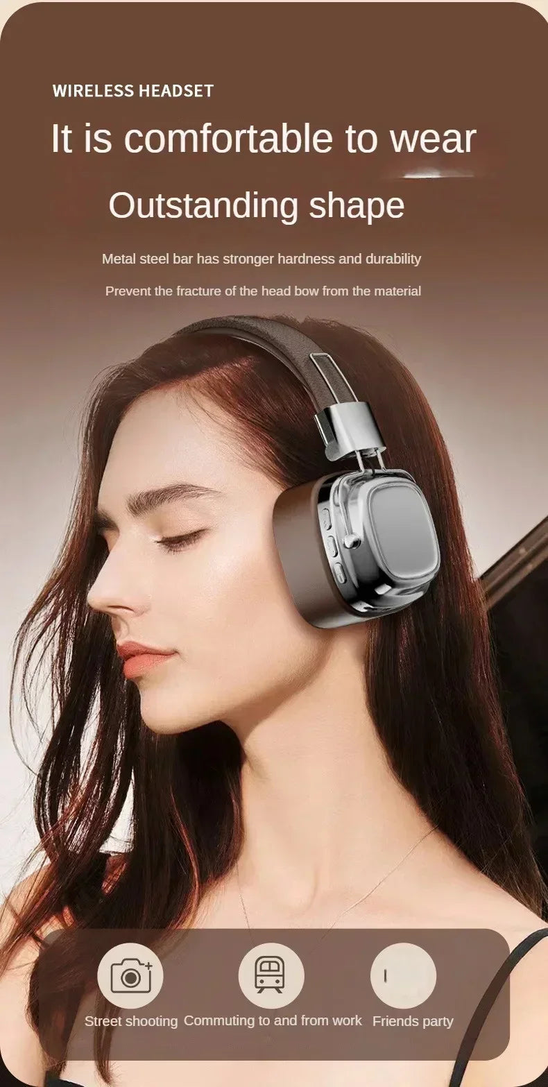 Woman wearing large over-ear wireless headset, comfortable fit, for commuting and street use.