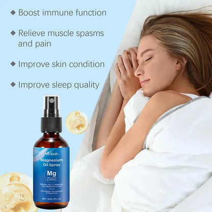 Woman sleeping peacefully next to magnesium oil spray bottle with health benefit text list