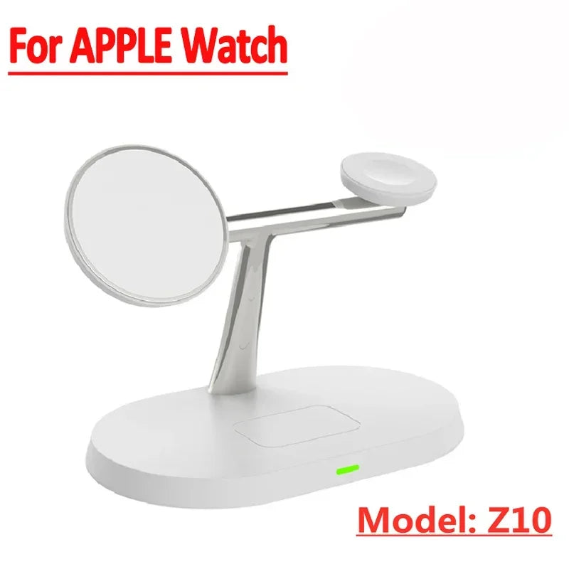 White Z10 wireless charging stand for Apple Watch with dual charging pads and LED indicator.