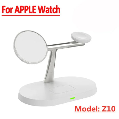 White Z10 wireless charging stand for Apple Watch with dual charging pads and LED indicator.