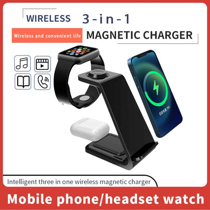 3-in-1 wireless magnetic charger for smartwatch, phone, and earbuds, black stand