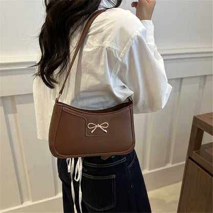 Stylish Shoulder Bag with Metal Bow Decoration, Versatile Underarm Bag, Classic Brown and Black Baguette Bag for Women Daily Use