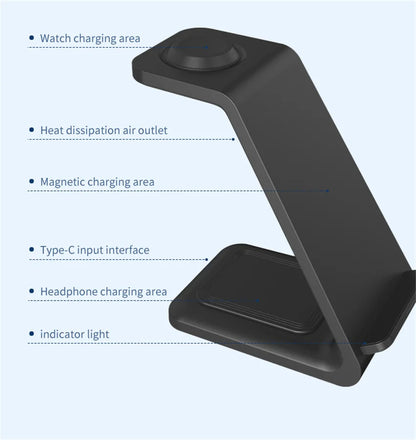 Black wireless charging stand with watch charging area, headphone charging area, Type-C port, and indicator light