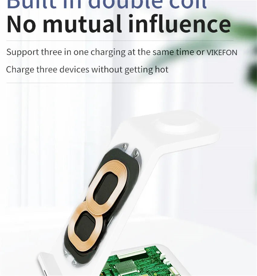 Double coil wireless charger stand supports triple device charging, internal components visible.