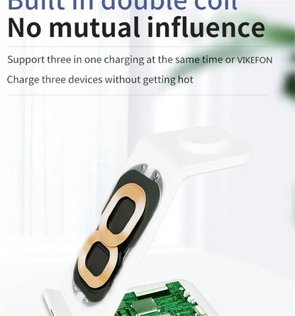 Double coil wireless charger stand supports triple device charging, internal components visible.