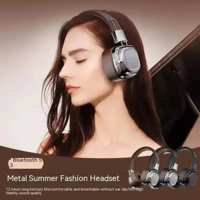 Woman wearing Bluetooth 5 metal summer fashion headset, wireless headphones product display