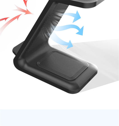 Black laptop stand with airflow design and cooling arrows illustration