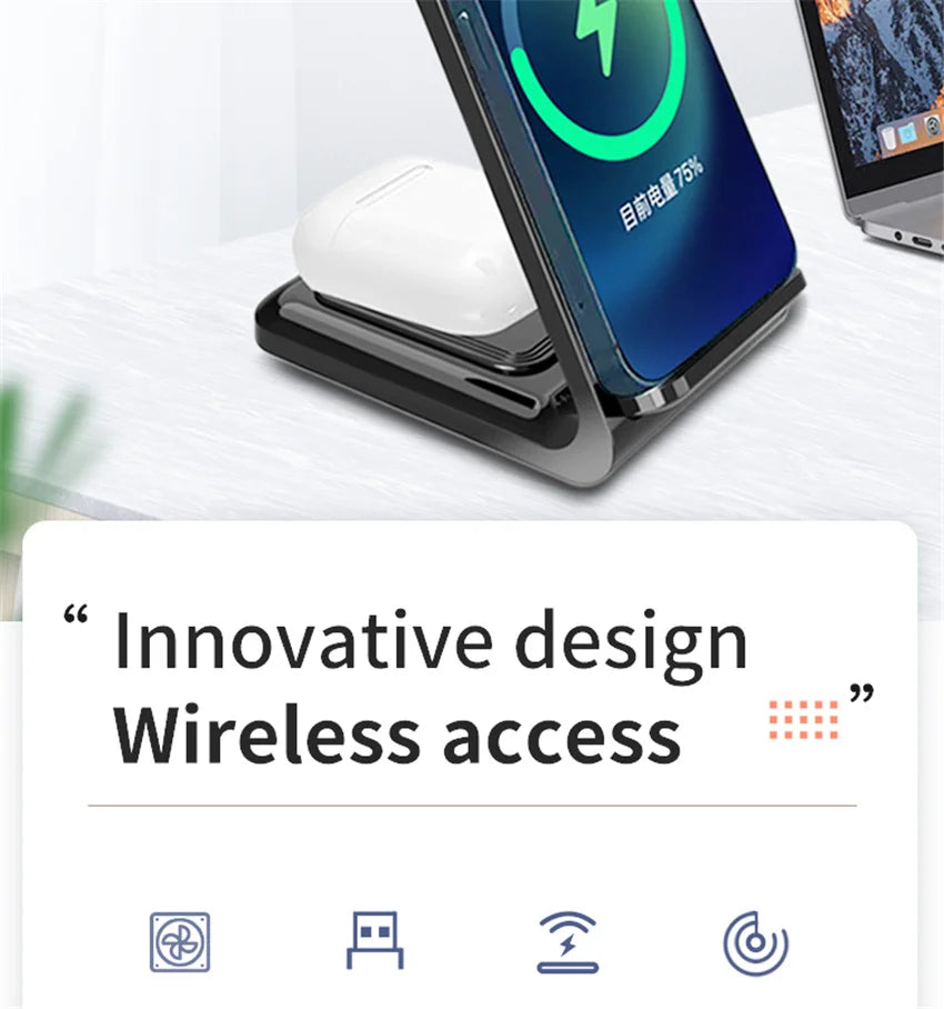 Wireless charging stand with phone and earbuds on white desk, text highlights innovative design.