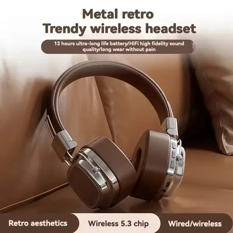 Retro wireless headset with metallic and brown design on a brown couch, Bluetooth 5.3