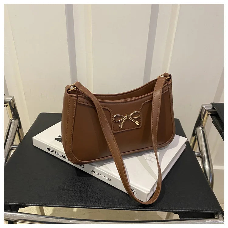 Stylish Shoulder Bag with Metal Bow Decoration, Versatile Underarm Bag, Classic Brown and Black Baguette Bag for Women Daily Use