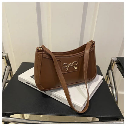 Stylish Shoulder Bag with Metal Bow Decoration, Versatile Underarm Bag, Classic Brown and Black Baguette Bag for Women Daily Use