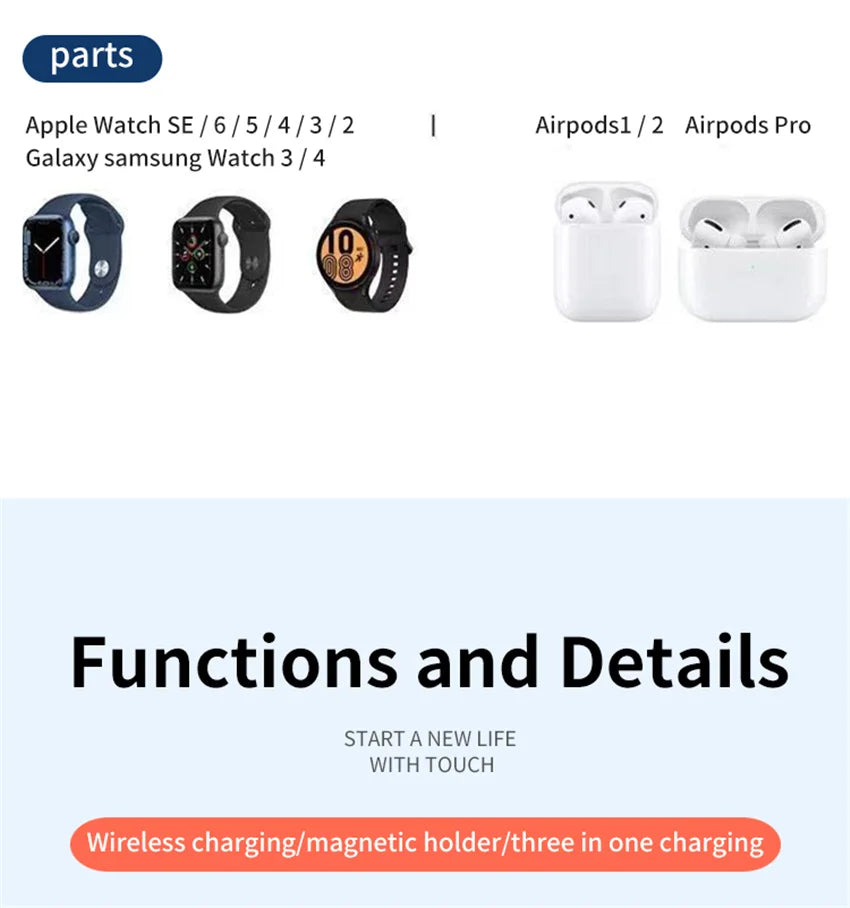 Apple Watch, Galaxy Watch, AirPods Pro, AirPods wireless charging compatibility graphic
