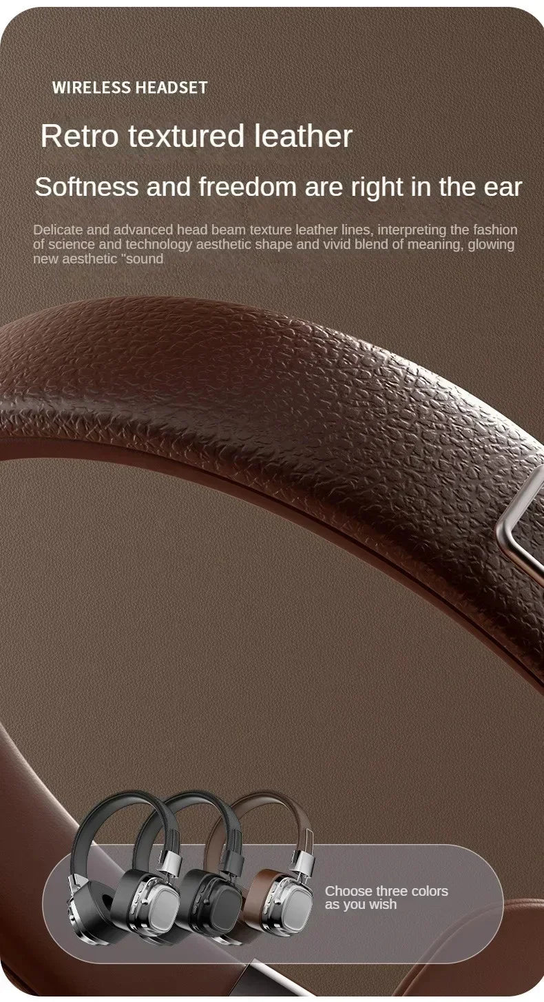 Wireless headset with retro textured leather headband, shown in three colors on brown background