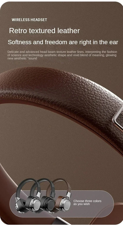 Wireless headset with retro textured leather headband, shown in three colors on brown background
