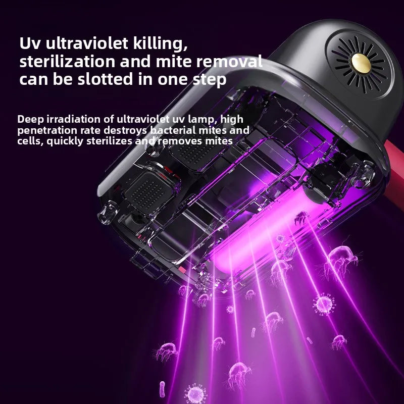 Household dust mite removal device with high suction power, double tapping and ultraviolet sterilization to eliminate dust mites