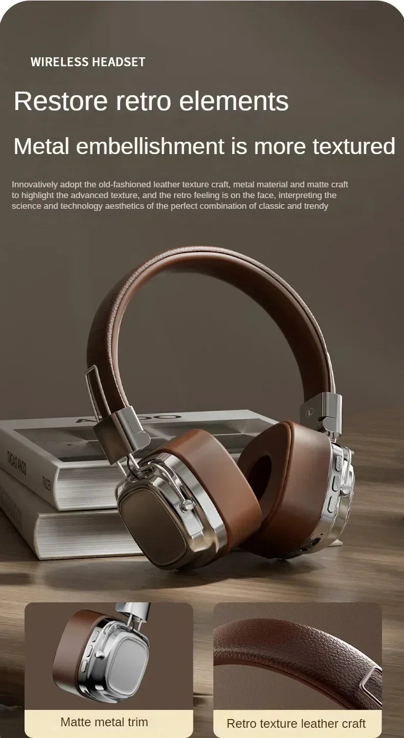 Retro wireless headset with brown leather and matte metal trim on wooden surface