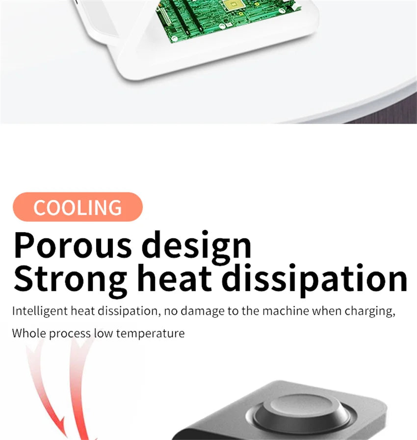 White electronic cooling stand with exposed circuit board and porous heat dissipation design.