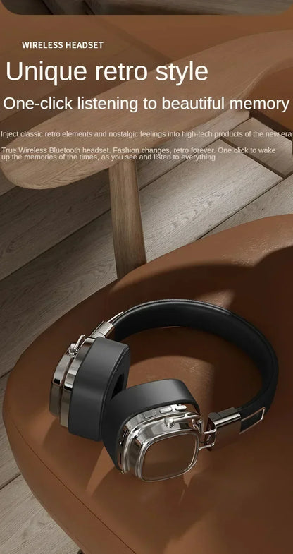 Retro style wireless Bluetooth headset with black earcups on brown leather chair