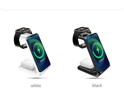 Wireless charging station for phone, smartwatch, and earbuds in white and black colors