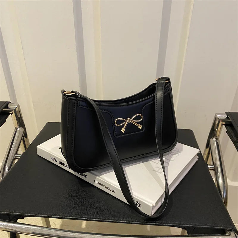 Stylish Shoulder Bag with Metal Bow Decoration, Versatile Underarm Bag, Classic Brown and Black Baguette Bag for Women Daily Use