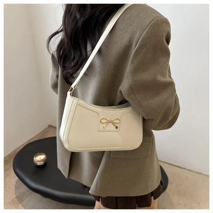 Stylish Shoulder Bag with Metal Bow Decoration, Versatile Underarm Bag, Classic Brown and Black Baguette Bag for Women Daily Use