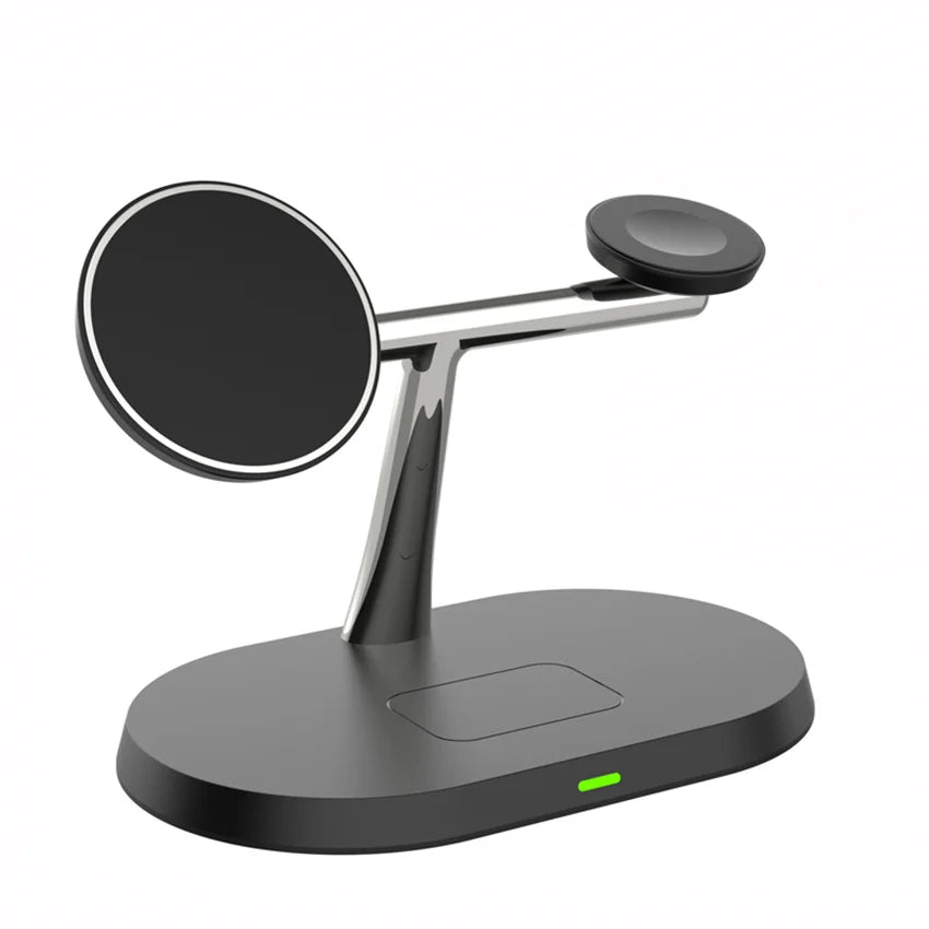 Black 3-in-1 wireless charging station for iPhone, AirPods, Apple Watch on white background.