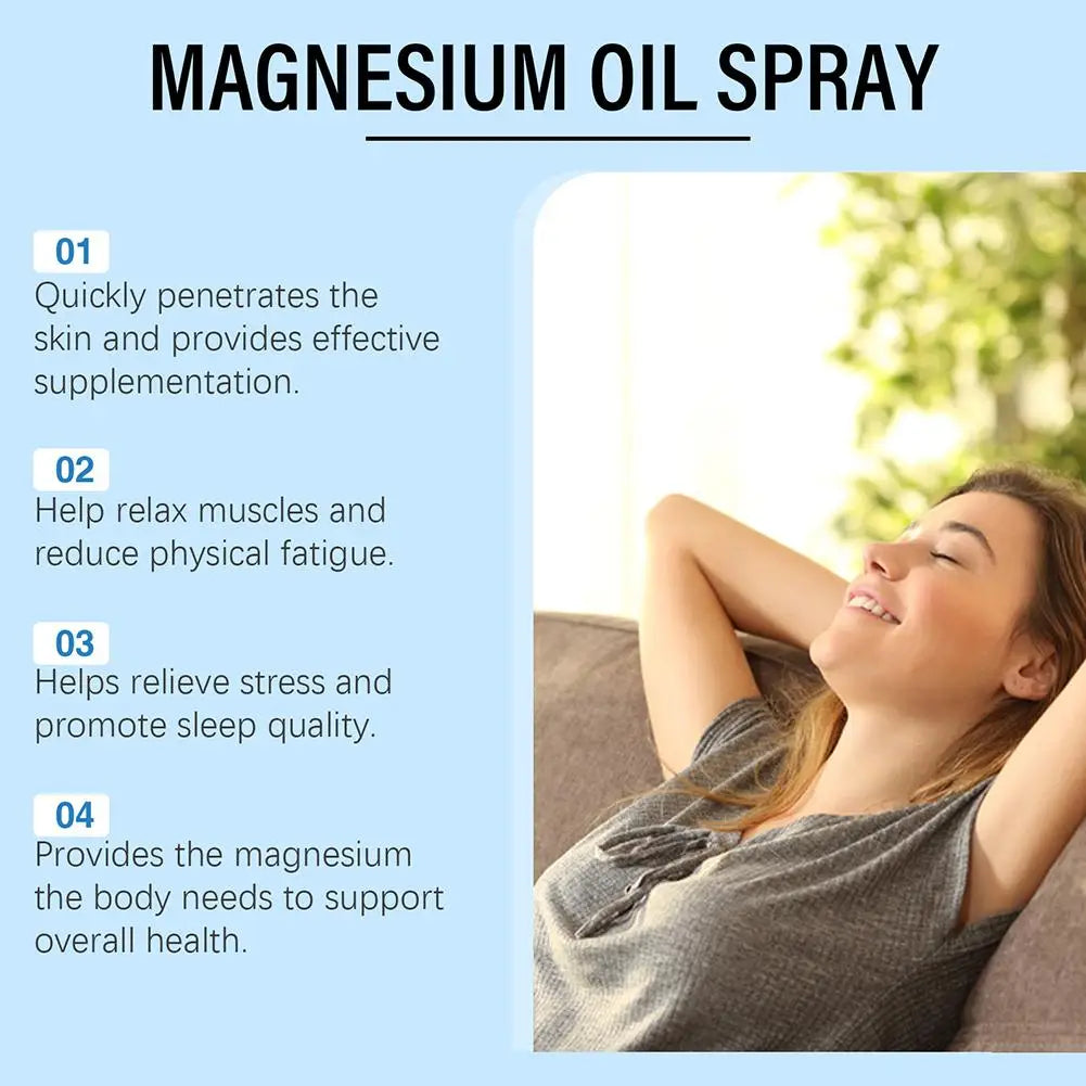 Magnesium oil spray benefits infographic with relaxed woman on sofa, blue background.