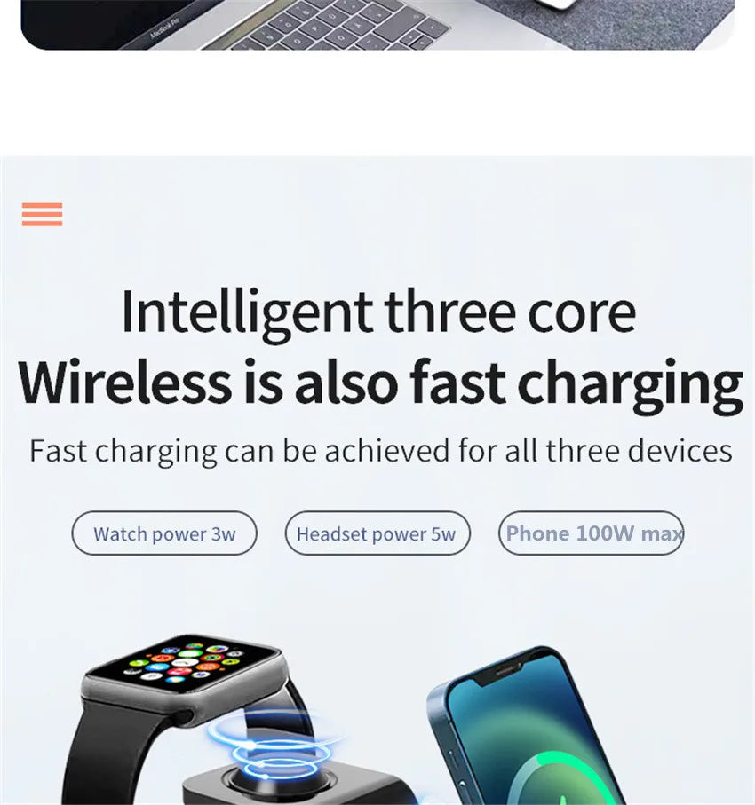 Three-in-one wireless fast charging station for smartwatch, headset, and smartphone