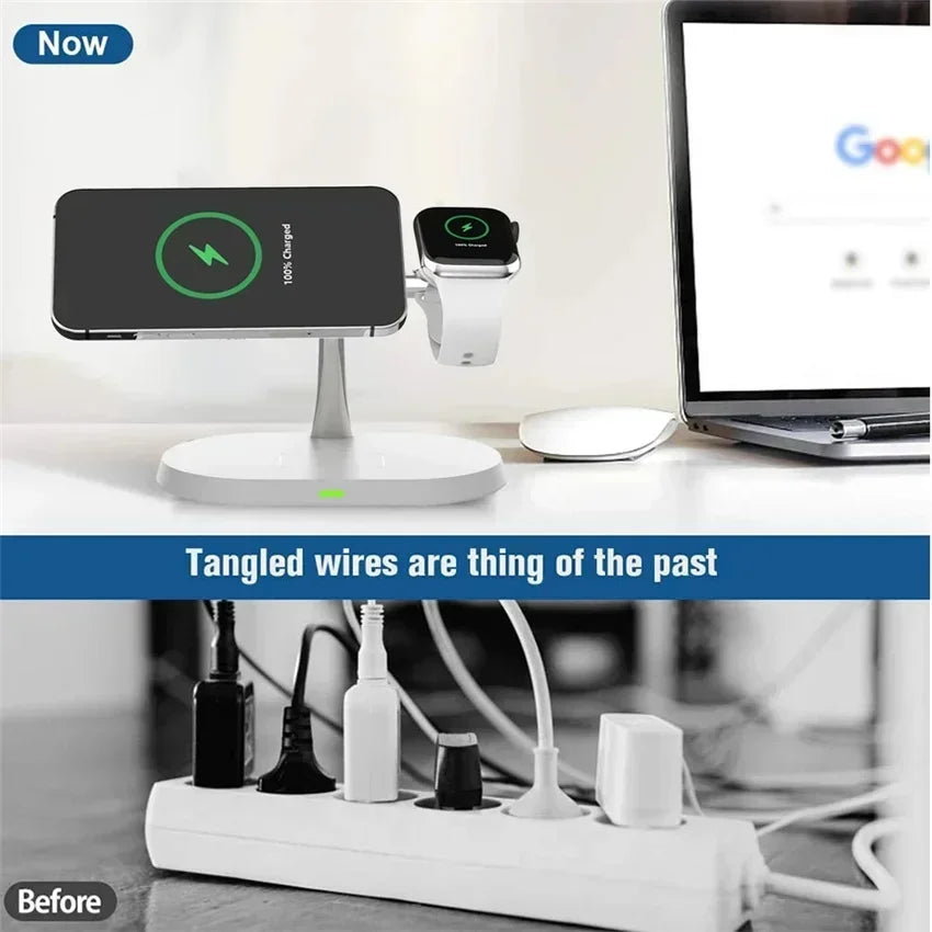 Wireless charging stand for phone and smartwatch on desk, compared to tangled cables before