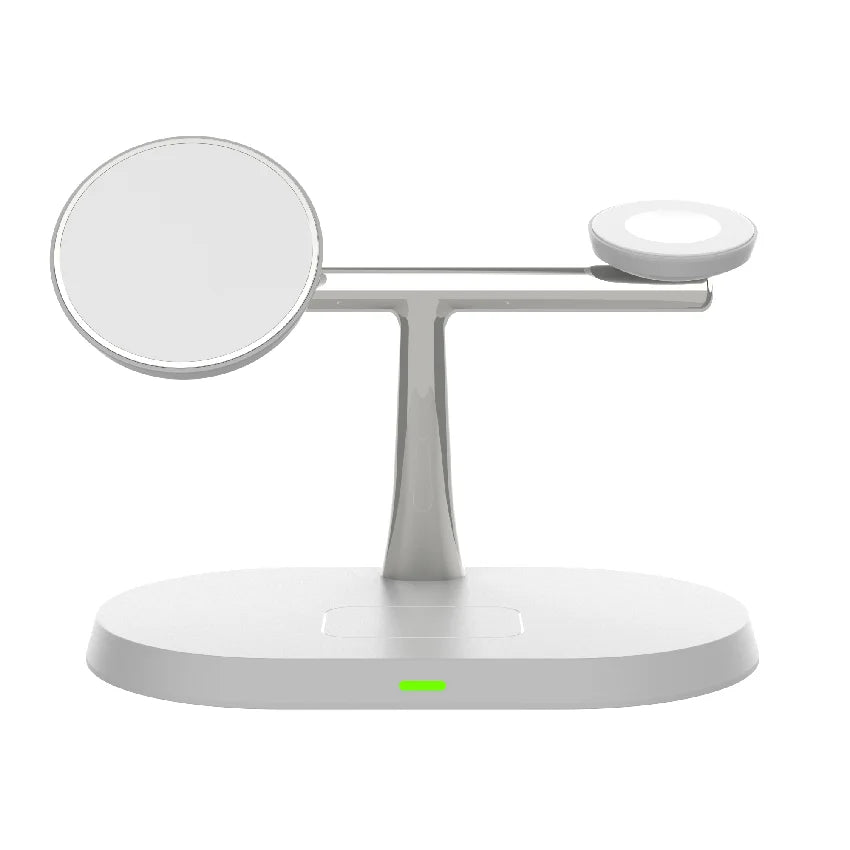White 3-in-1 wireless charging station for phone, earbuds, and smartwatch on white background