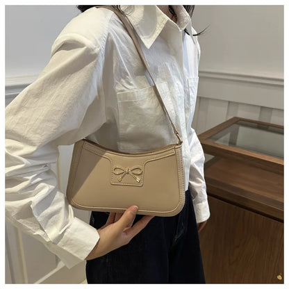 Stylish Shoulder Bag with Metal Bow Decoration, Versatile Underarm Bag, Classic Brown and Black Baguette Bag for Women Daily Use