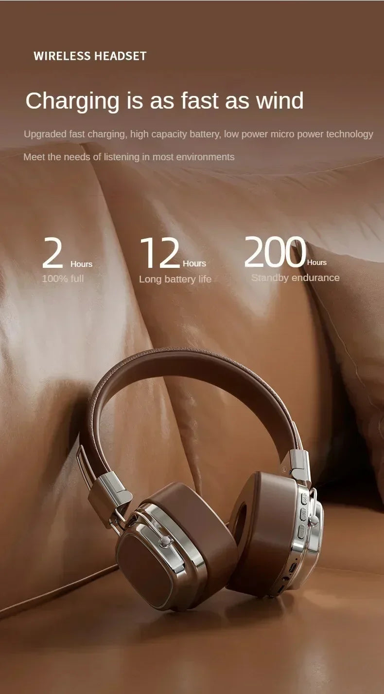 Brown wireless headset with silver accents on a leather sofa, battery life and fast charging features displayed.