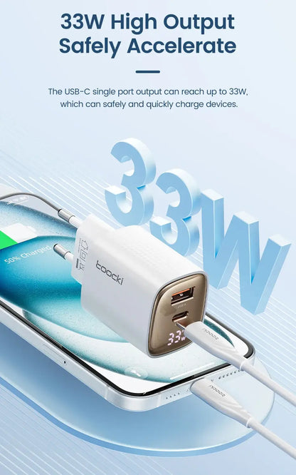 Toocki 33W GaN USB C Charger Digital Display PD Fast Charging For iPhone 15 14 Max Pro iPad For Xiaomi Poco Samsung S23 Charger