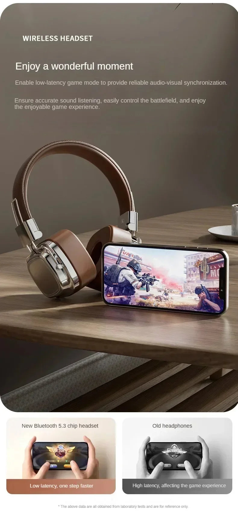 Wireless headset and smartphone on table, Bluetooth 5.3 low latency gaming headphones.