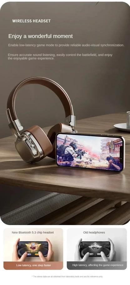 Wireless headset and smartphone on table, Bluetooth 5.3 low latency gaming headphones.