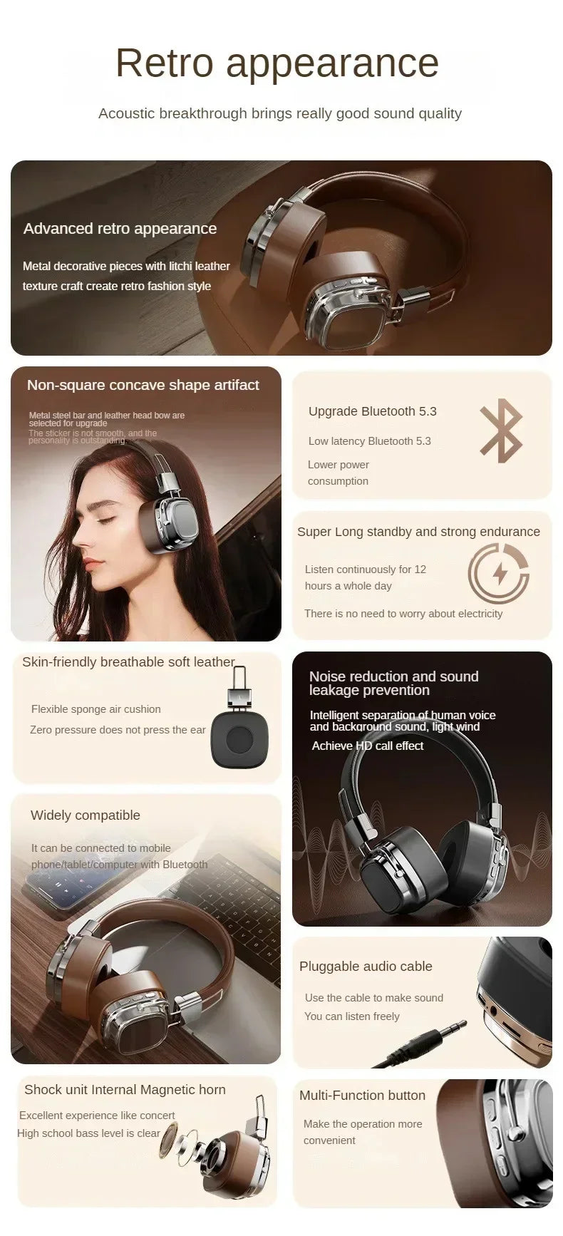 Retro style brown and silver Bluetooth headphones with leather headband, shown in various settings.