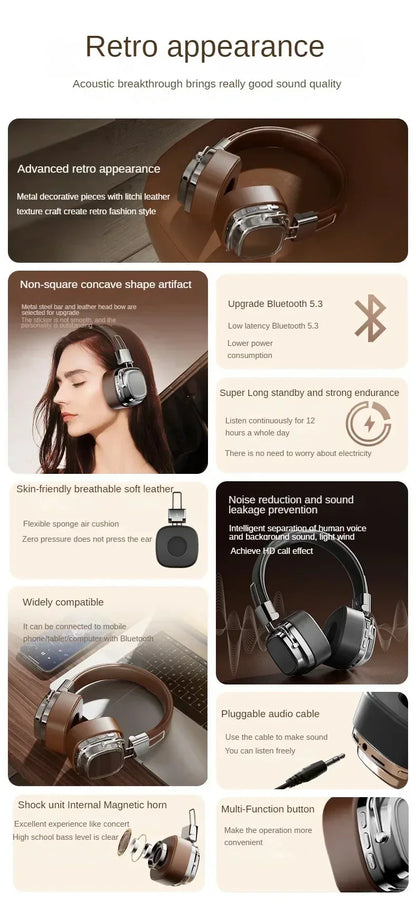 Retro style brown and silver Bluetooth headphones with leather headband, shown in various settings.