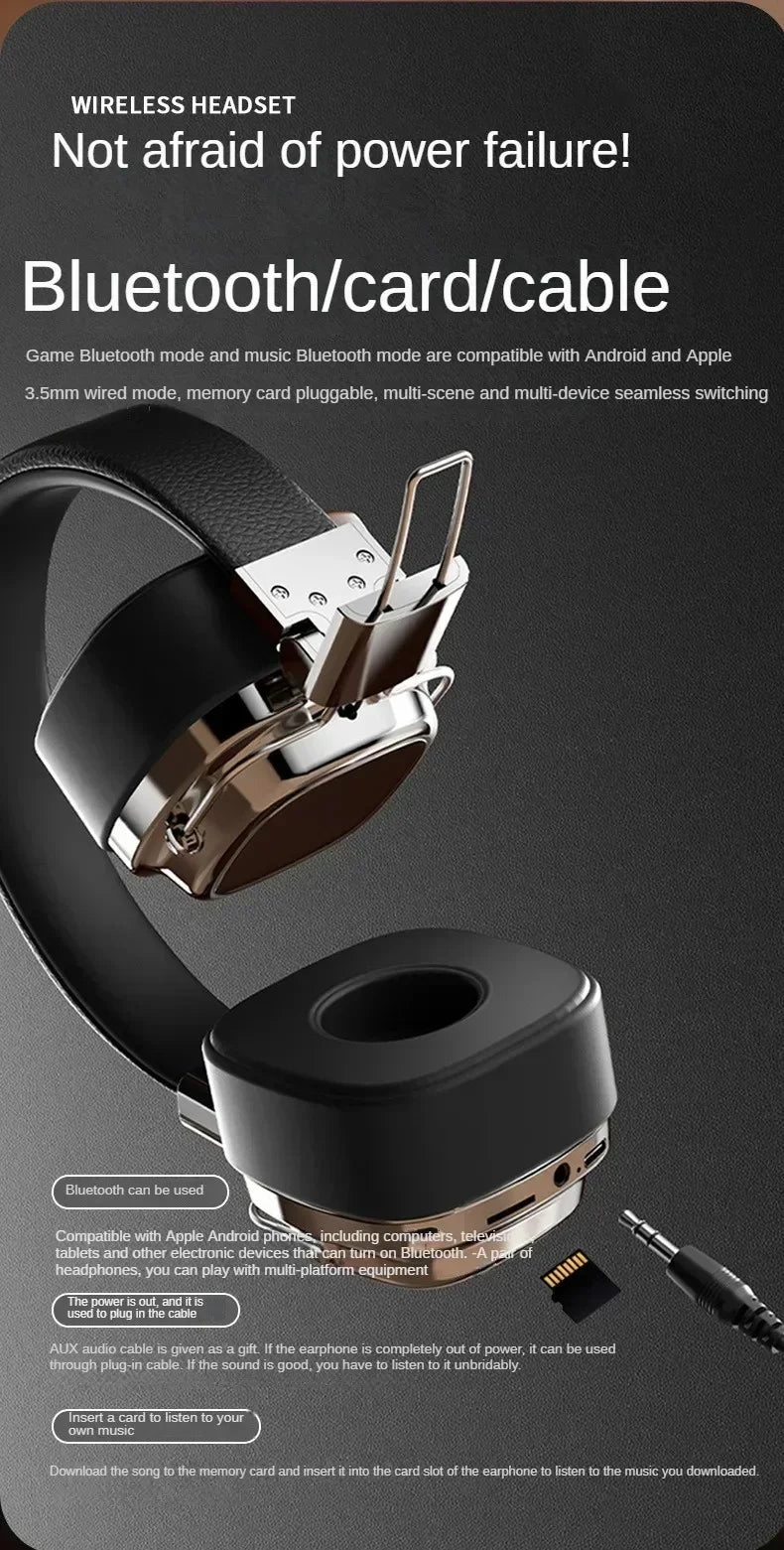 Wireless headset with Bluetooth, AUX cable, and microSD card slot on dark background